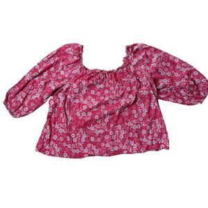 Boho Floral Shirt SZ 3X Red White Peach Balloon Sleeves Elastic Neck Line Airy